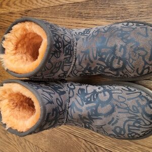 Graffiti Patterned Boots with Orange Lining